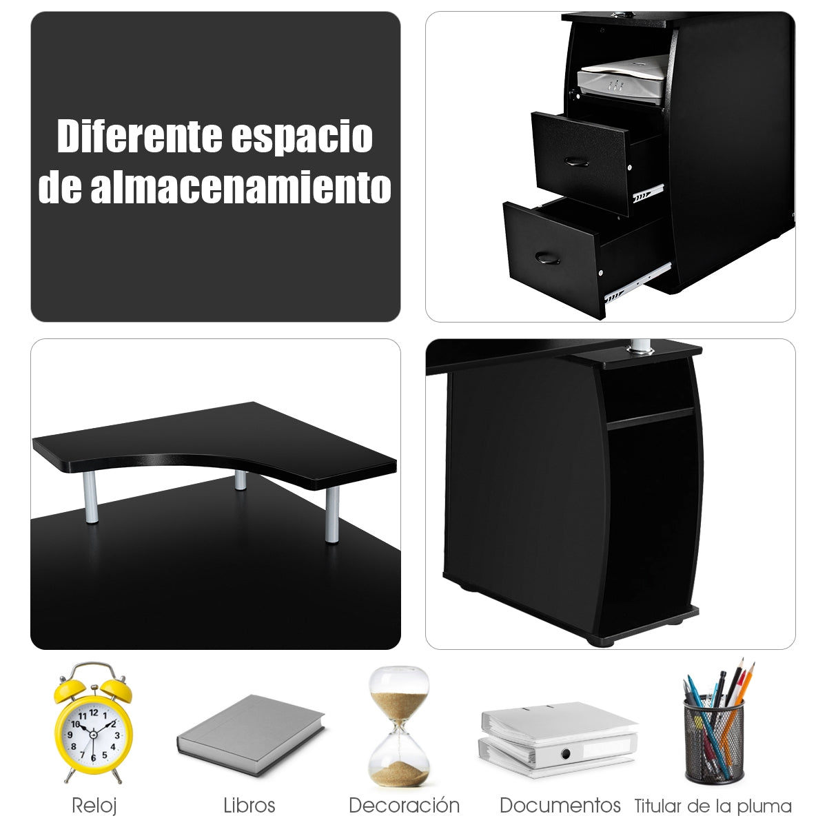 Escritorio con Cajones, Mesa Escritorio, Mesa Ordenador, Mesa Estudio, Mesa de Computadora Ordenador, Negro, Costway, 8