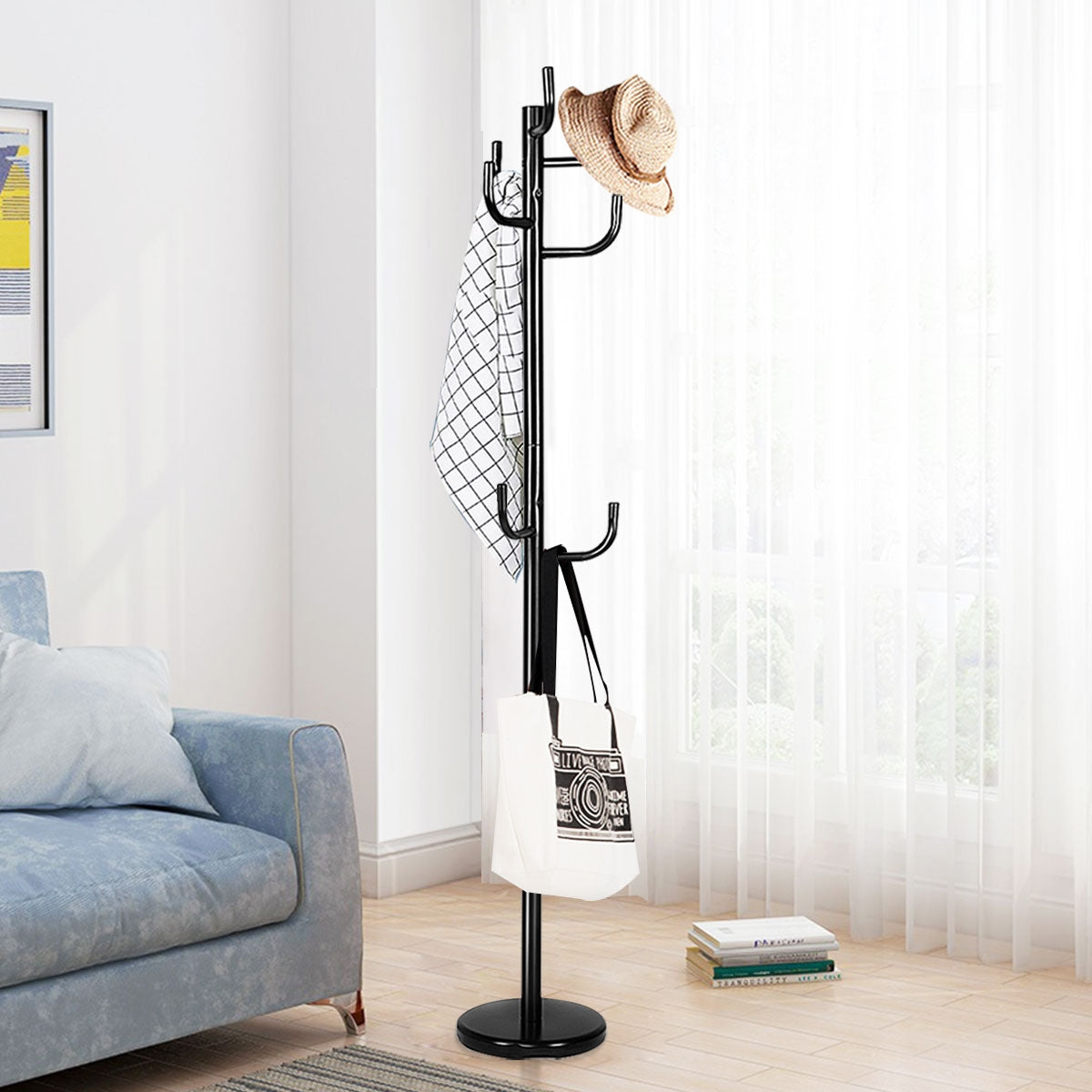 Perchero de Pie, Perchero Burro, con 8 Ganchos y Base Redonda Resistente en Estilo Moderno, Metal, Negro , Costway, 2