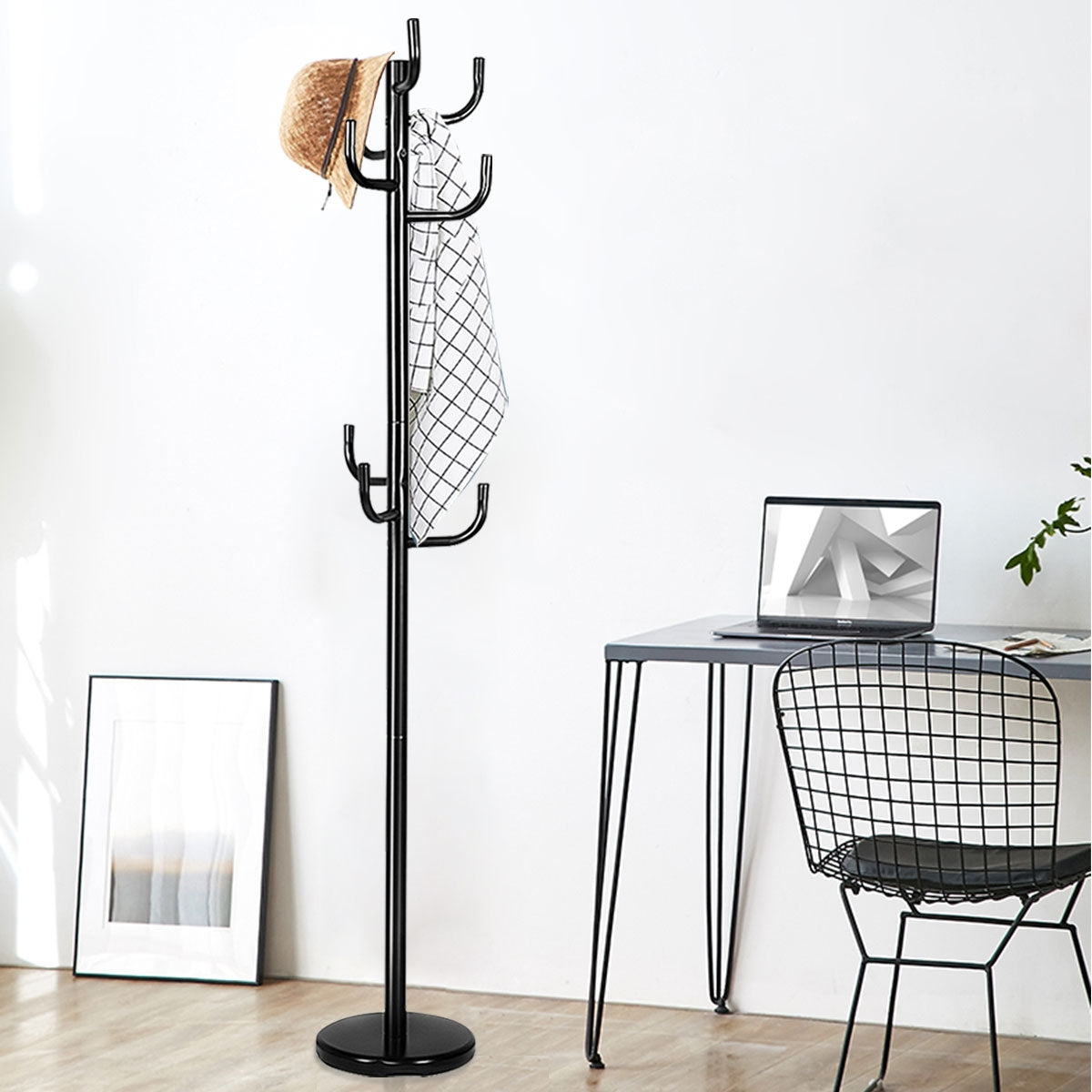 Perchero de Pie, Perchero Burro, con 8 Ganchos y Base Redonda Resistente en Estilo Moderno, Metal, Negro , Costway, 5