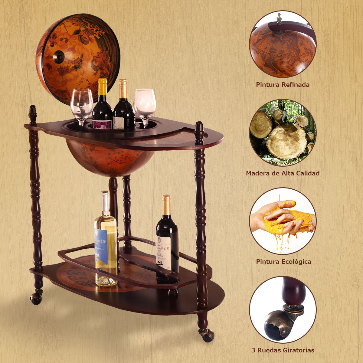 Botellero, Botellero vino, Mesa auxiliar salon, Bar globo con ruedas, Carrito cocina, Mesa de centro, Vintage, Costway, 7
