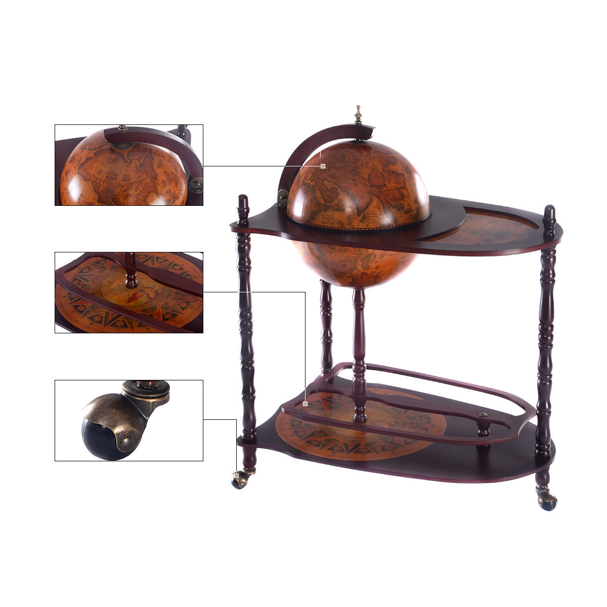 Botellero, Botellero vino, Mesa auxiliar salon, Bar globo con ruedas, Carrito cocina, Mesa de centro, Vintage, Costway, 8