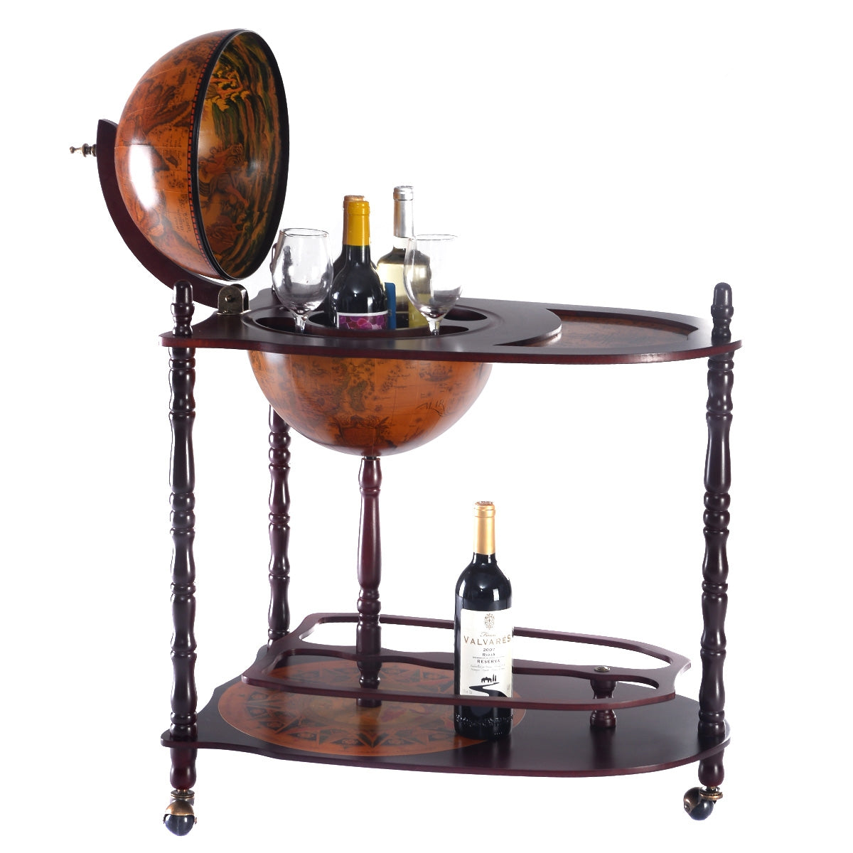 Botellero, Botellero vino, Mesa auxiliar salon, Bar globo con ruedas, Carrito cocina, Mesa de centro, Vintage, Costway, 3