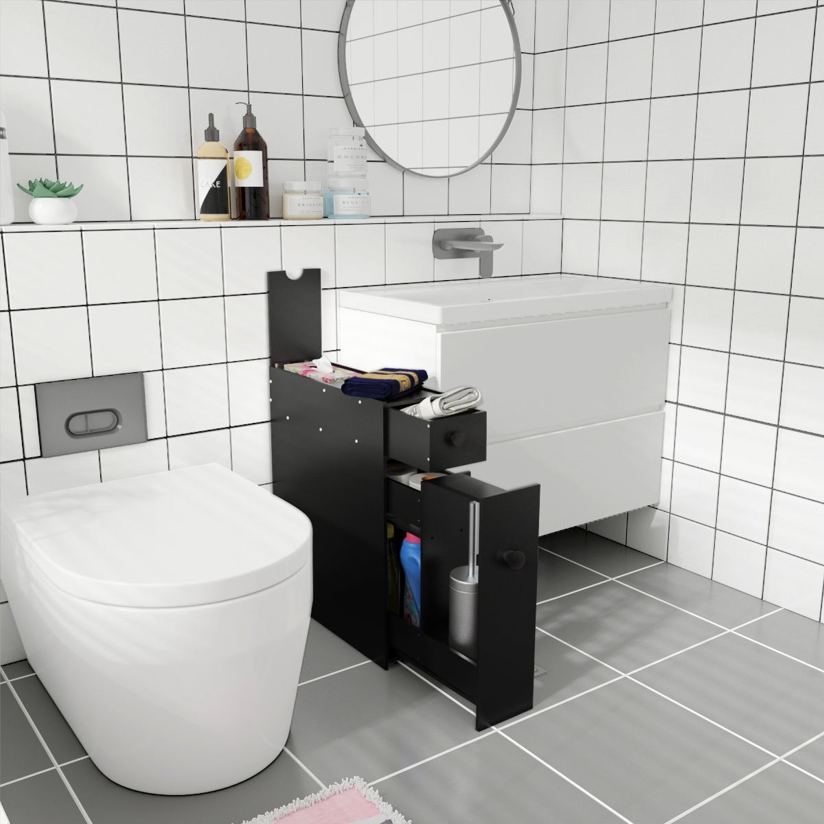 Armario baño, Mueble auxiliar baño, Estanterias almacenaje, 16 x 48,5 x 58 cm, Negro, Costway, 2