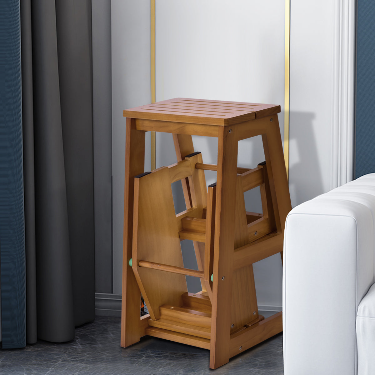Escalera, Taburete escalera, Taburete alto, Madera, de 3 Peldaños, Estanteria escalera, Silla Escalón, Natural, Costway, 5