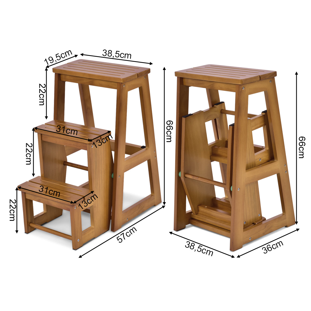 Escalera, Taburete escalera, Taburete alto, Madera, de 3 Peldaños, Estanteria escalera, Silla Escalón, Natural, Costway, 3
