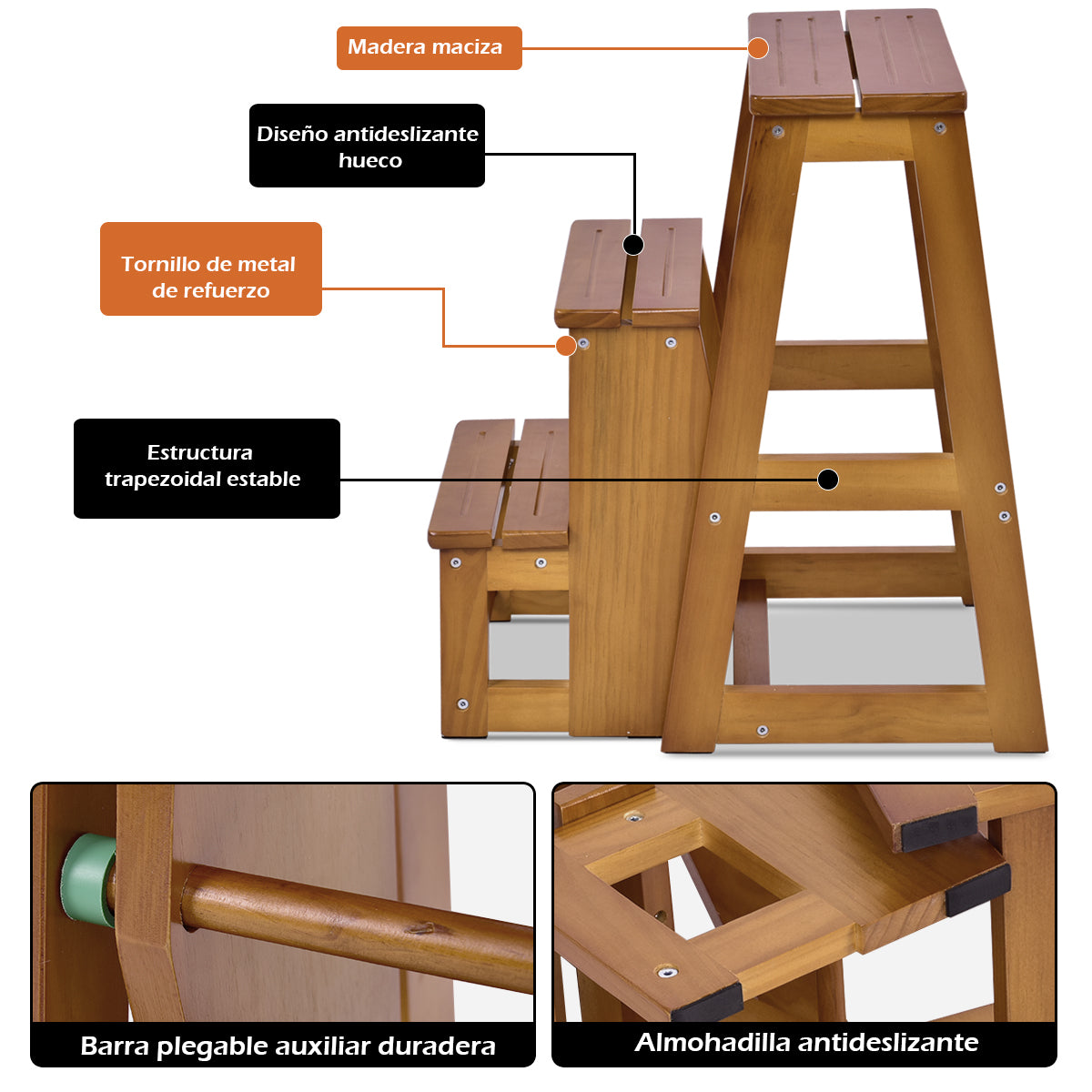 Escalera, Taburete escalera, Taburete alto, Madera, de 3 Peldaños, Estanteria escalera, Silla Escalón, Natural, Costway, 8