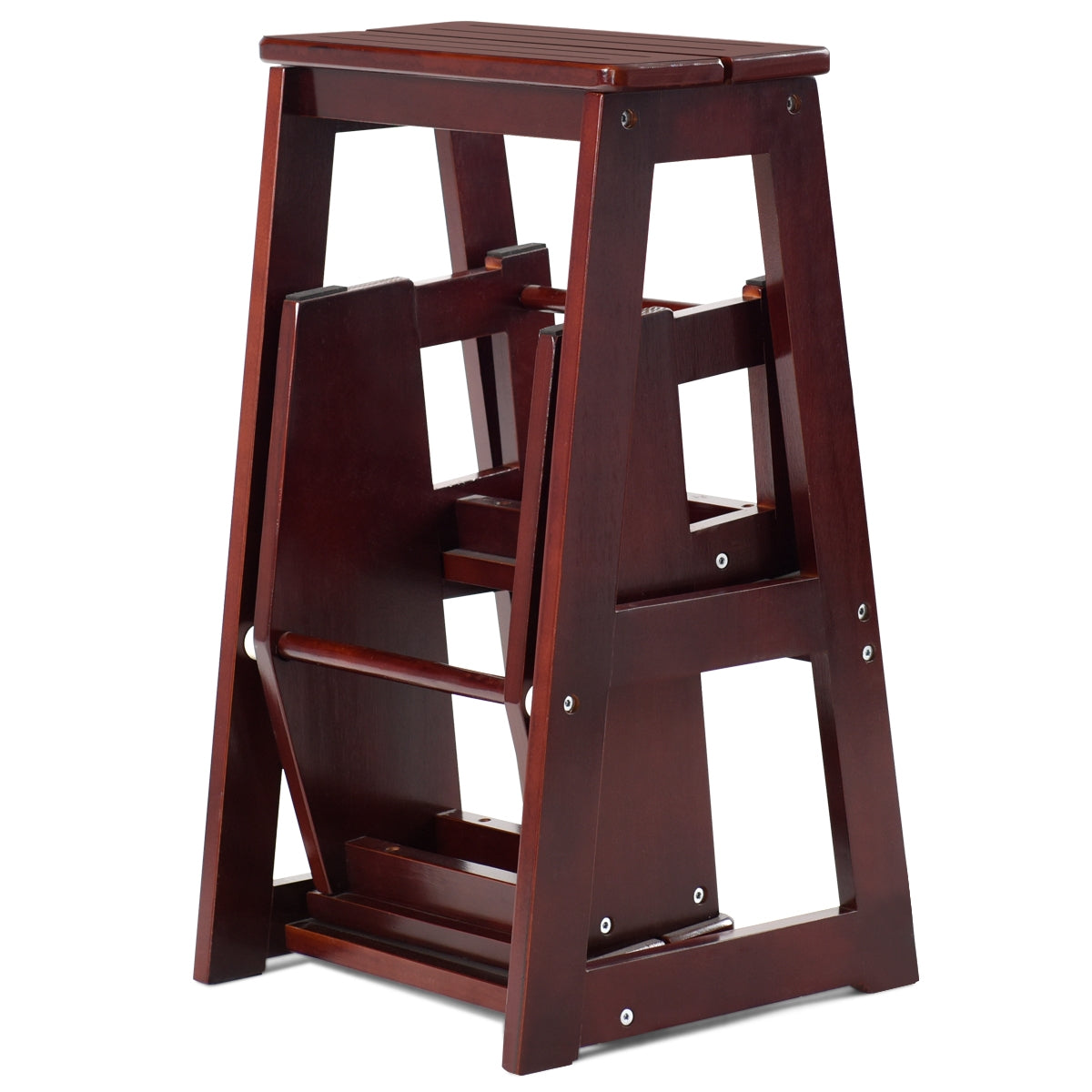 Escalera, Taburete escalera, Taburete alto, Madera, con 3 Estante, Estanteria escalera, Silla Escalón, Café, Costway, 6