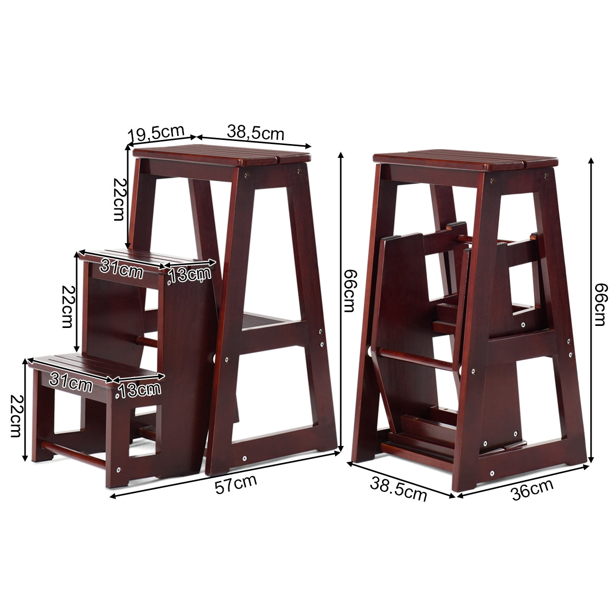 Escalera, Taburete escalera, Taburete alto, Madera, con 3 Estante, Estanteria escalera, Silla Escalón, Café, Costway, 3