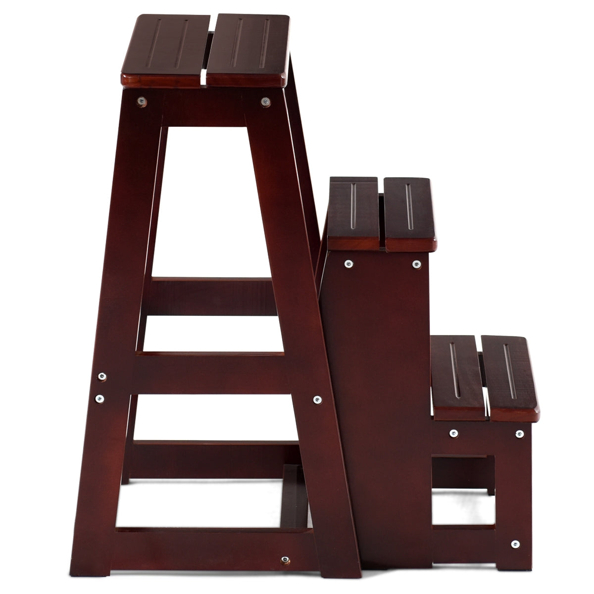 Escalera, Taburete escalera, Taburete alto, Madera, con 3 Estante, Estanteria escalera, Silla Escalón, Café, Costway, 7