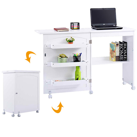 Mesa Escritorio Plegable, Escritorio Pequeño, Mesa Escritorio, Mesa Estudio, con 5 Ruedas, 3 Estantes, Blanco, Costway, 1