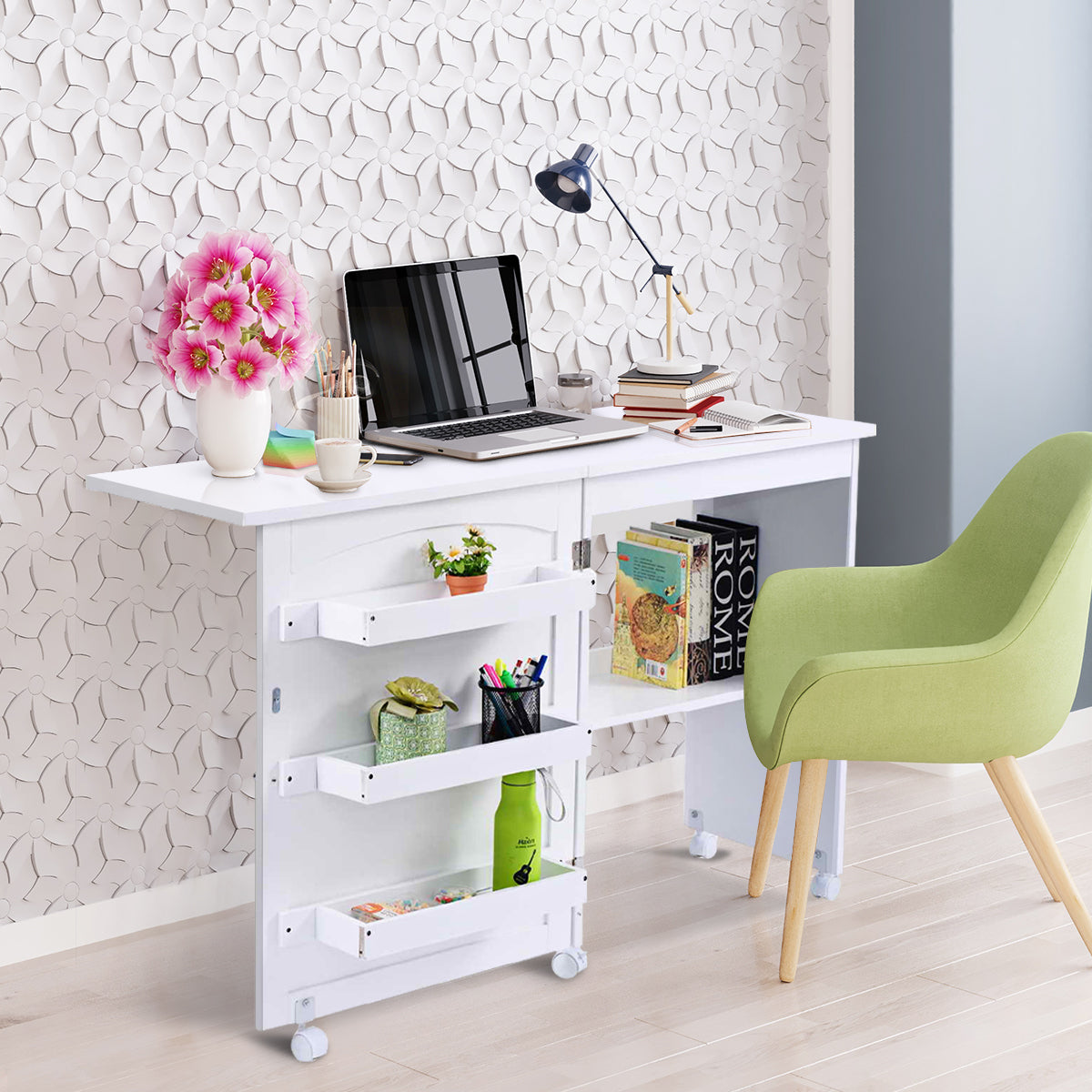 Mesa Escritorio Plegable, Escritorio Pequeño, Mesa Escritorio, Mesa Estudio, con 5 Ruedas, 3 Estantes, Blanco, Costway, 2
