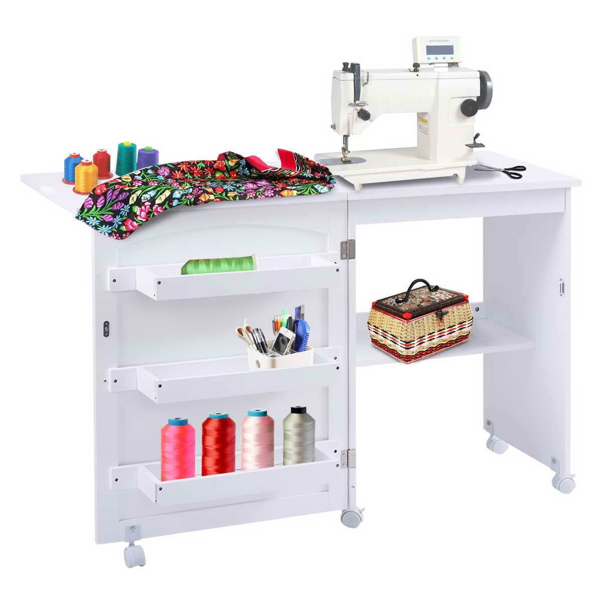 Mesa Escritorio Plegable, Escritorio Pequeño, Mesa Escritorio, Mesa Estudio, con 5 Ruedas, 3 Estantes, Blanco, Costway, 7