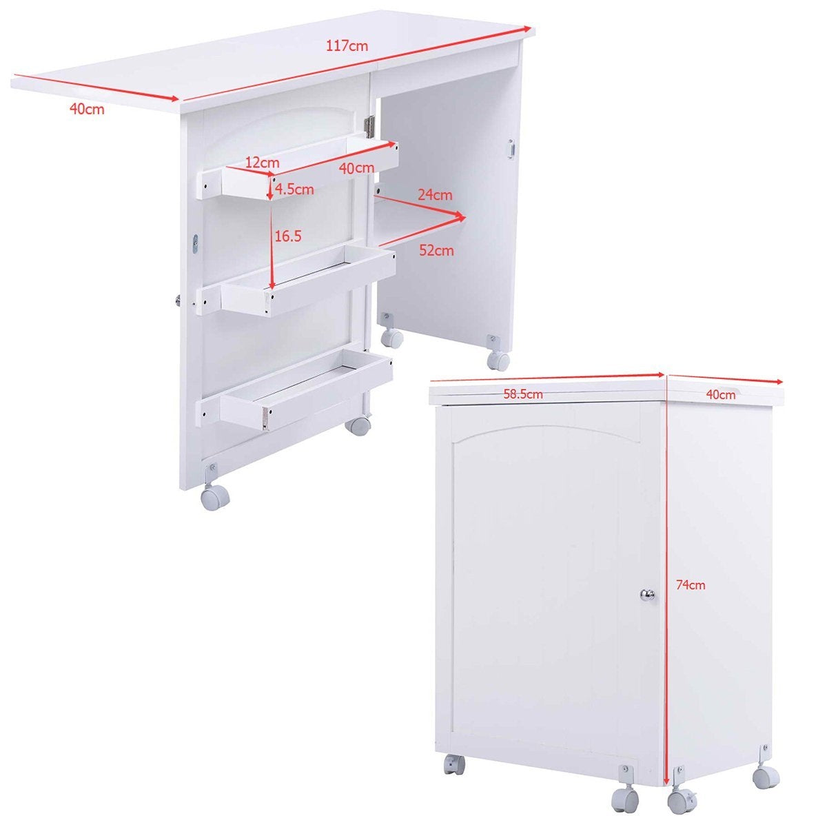 Mesa Escritorio Plegable, Escritorio Pequeño, Mesa Escritorio, Mesa Estudio, con 5 Ruedas, 3 Estantes, Blanco, Costway, 3