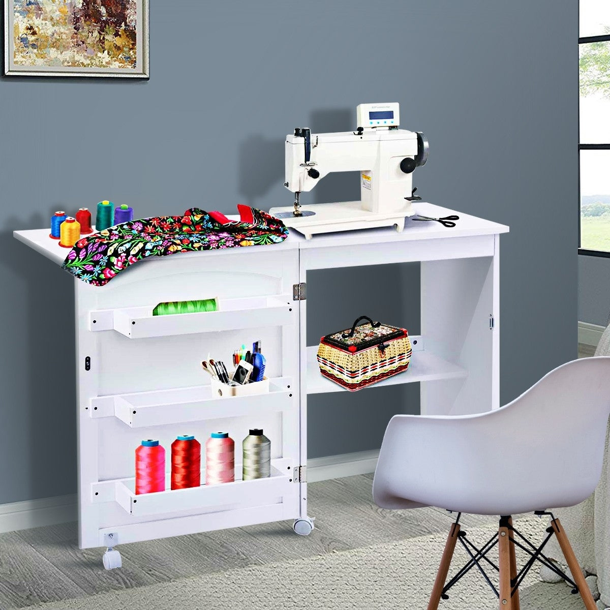 Mesa Escritorio Plegable, Escritorio Pequeño, Mesa Escritorio, Mesa Estudio, con 5 Ruedas, 3 Estantes, Blanco, Costway, 5