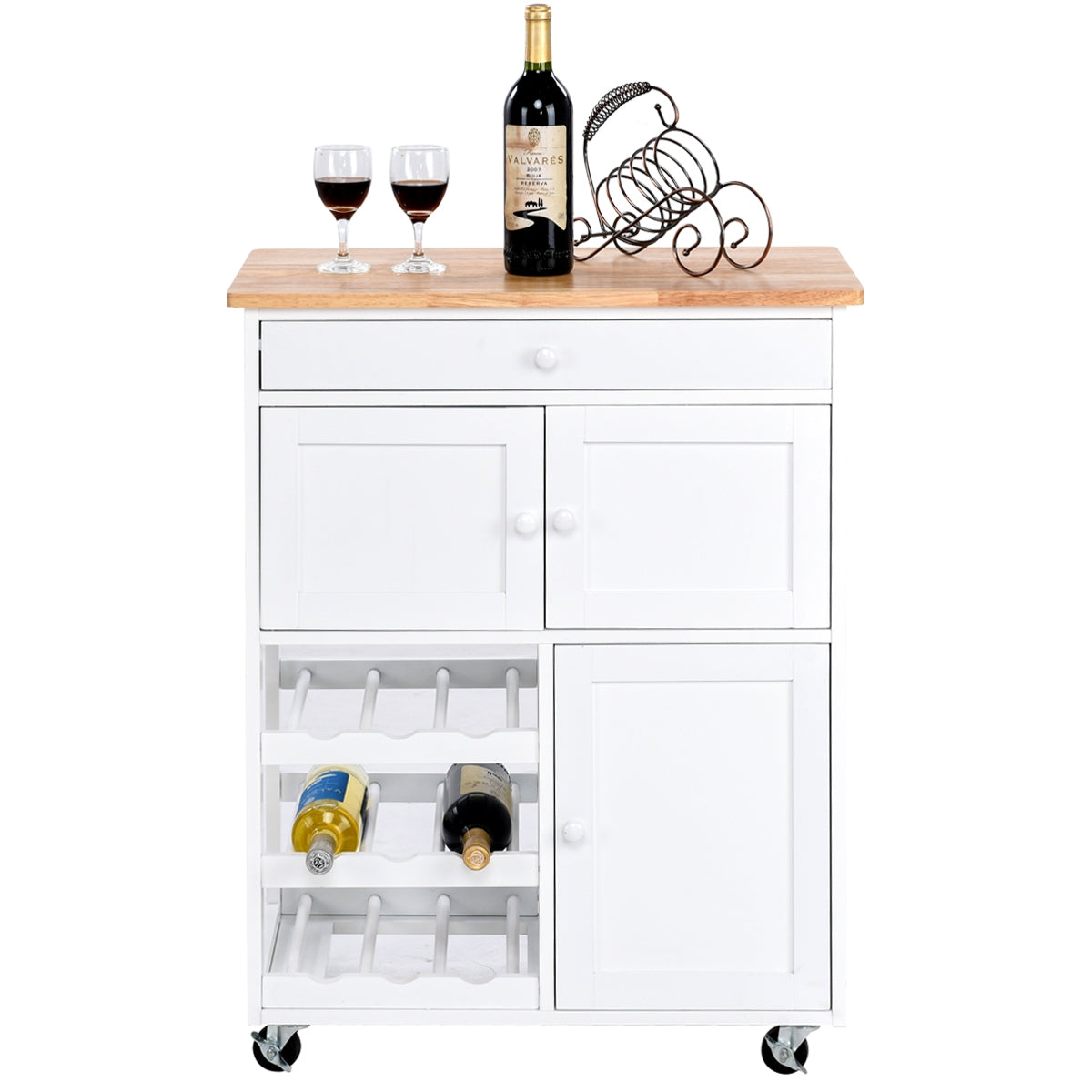 Carrito cocina, Isla de cocina, Carro cocina, con Rueda Cajón, Estantería de Cocina, Vino Armario, Madera, Blanco, Costway, 1