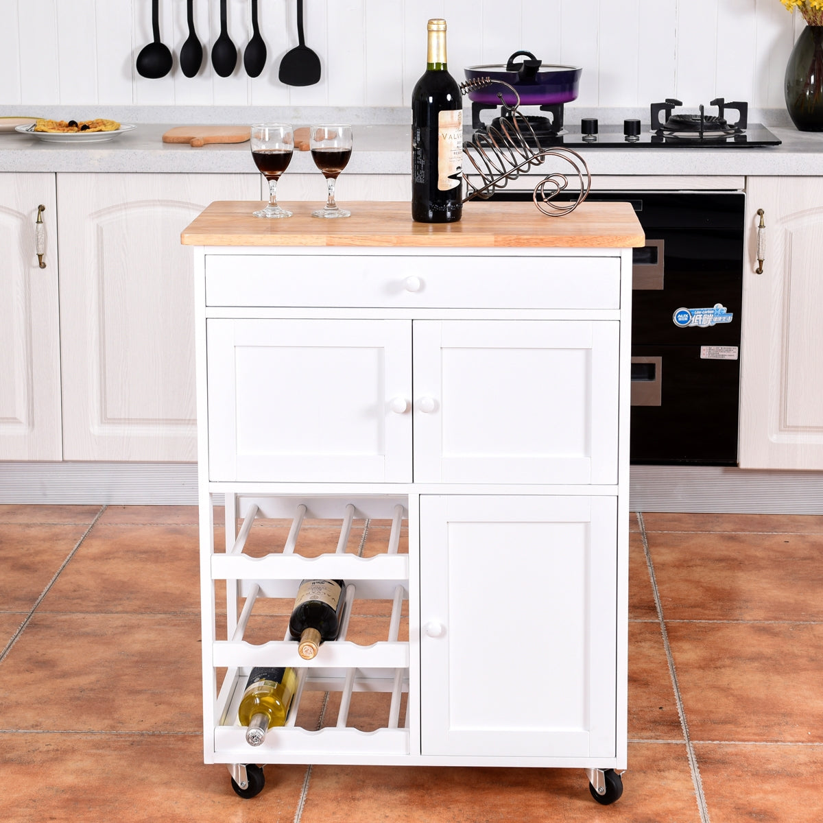 Carrito cocina, Isla de cocina, Carro cocina, con Rueda Cajón, Estantería de Cocina, Vino Armario, Madera, Blanco, Costway, 3