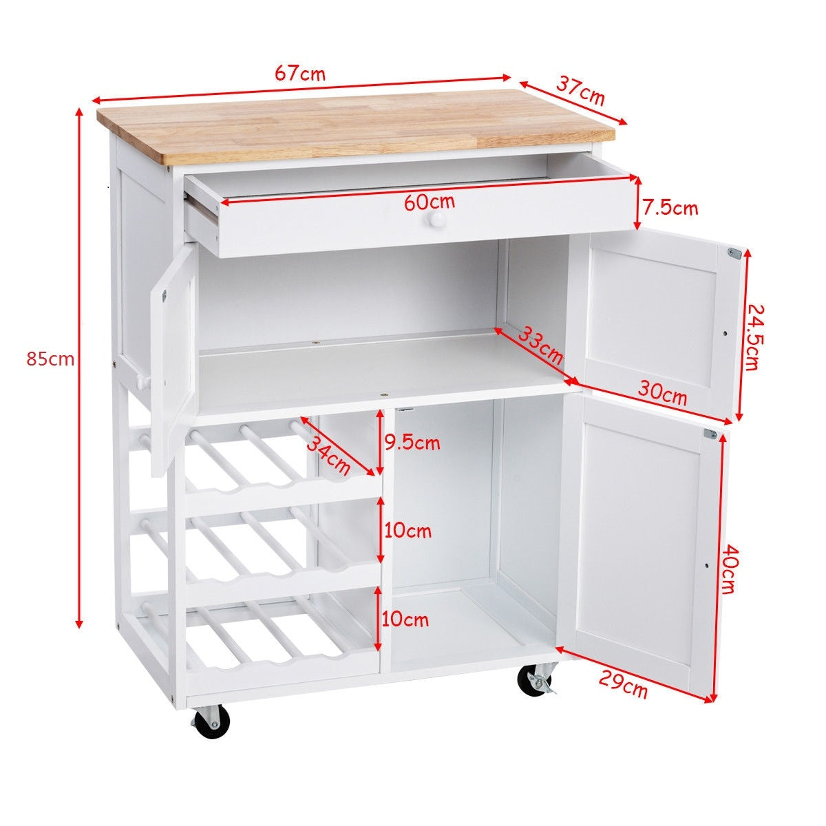 Carrito cocina, Isla de cocina, Carro cocina, con Rueda Cajón, Estantería de Cocina, Vino Armario, Madera, Blanco, Costway, 4