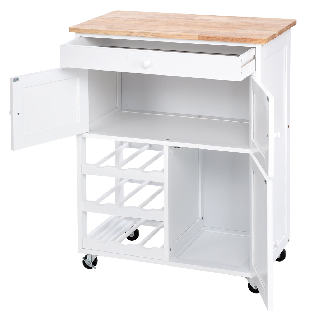 Carrito cocina, Isla de cocina, Carro cocina, con Rueda Cajón, Estantería de Cocina, Vino Armario, Madera, Blanco, Costway, 8