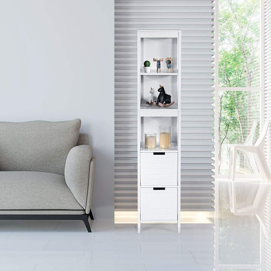 Armario baño, Mueble auxiliar baño, Alto 144cm, Estanteria baño, con 2 Cajones y 3 Estantes Mueble Columna, Blanco, Costway, 2