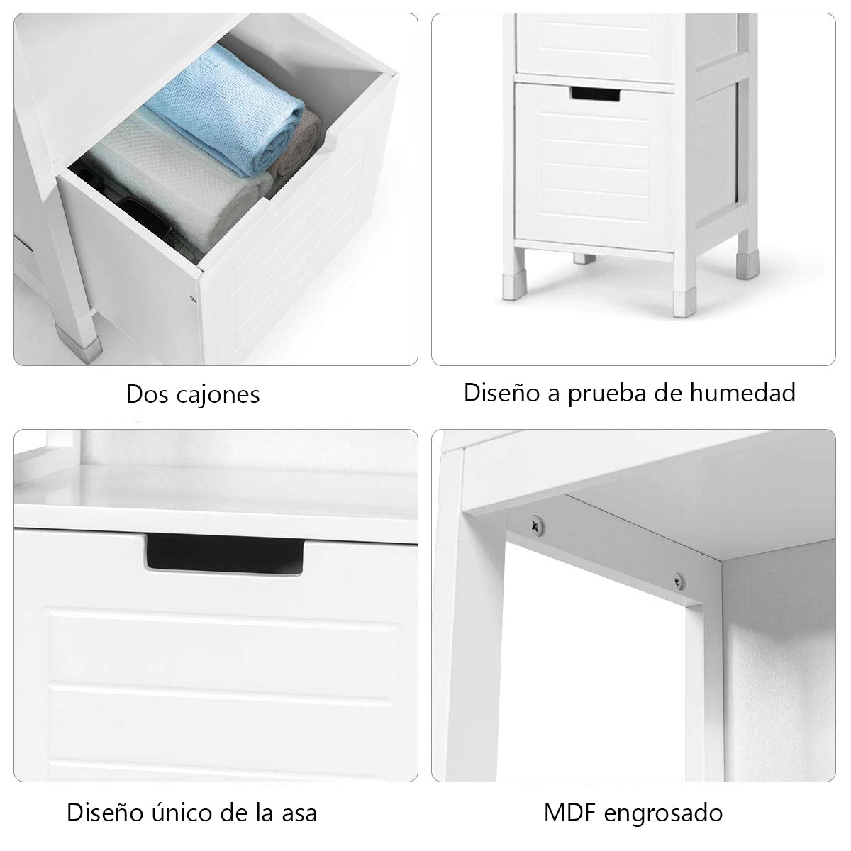 Armario baño, Mueble auxiliar baño, Alto 144cm, Estanteria baño, con 2 Cajones y 3 Estantes Mueble Columna, Blanco, Costway, 7