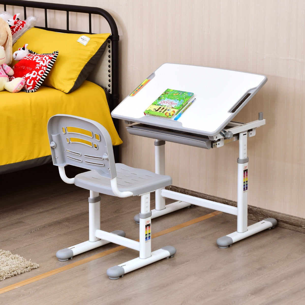 Set, Escritorio Infantil y Silla Infantil, Escritorio Infantil Primaria, con Altura y Ángulo Ajustable y Cajón, Gris, Costway, 6