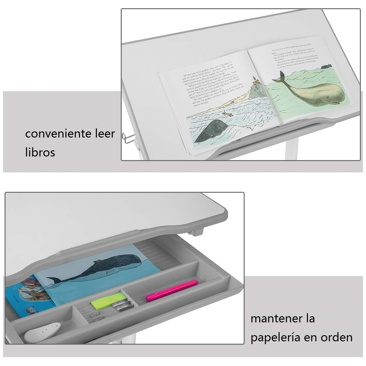 Set, Escritorio Infantil y Silla Infantil, Escritorio Infantil Primaria, con Altura y Ángulo Ajustable y Cajón, Gris, Costway, 7