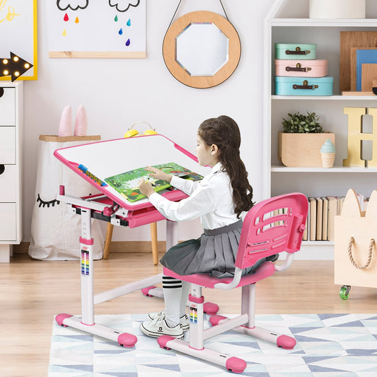 Set, Escritorio Infantil y Silla Infantil, Escritorio Infantil Primaria, con Altura y Ángulo Ajustable y Cajón, Rosa, Costway, 2