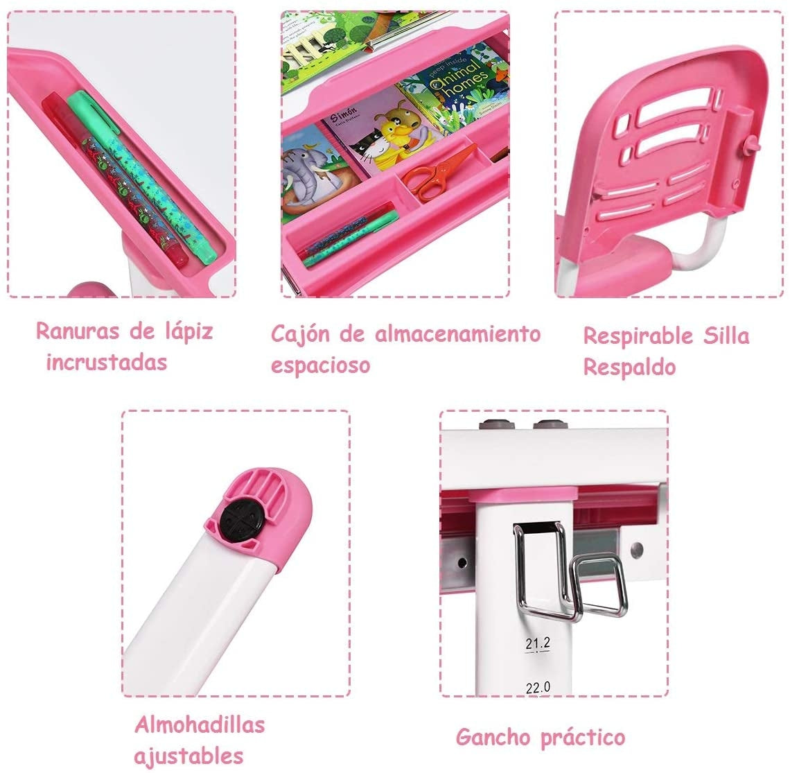 Set, Escritorio Infantil y Silla Infantil, Escritorio Infantil Primaria, con Altura y Ángulo Ajustable y Cajón, Rosa, Costway, 8