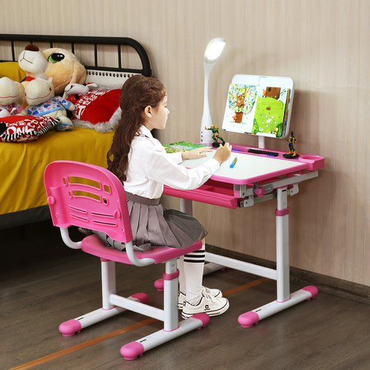 Set, Escritorio Infantil y Silla Infantil, Escritorio Infantil Primaria, con Lámpara, para Infantil Ángulo, Rosa, Costway, 2