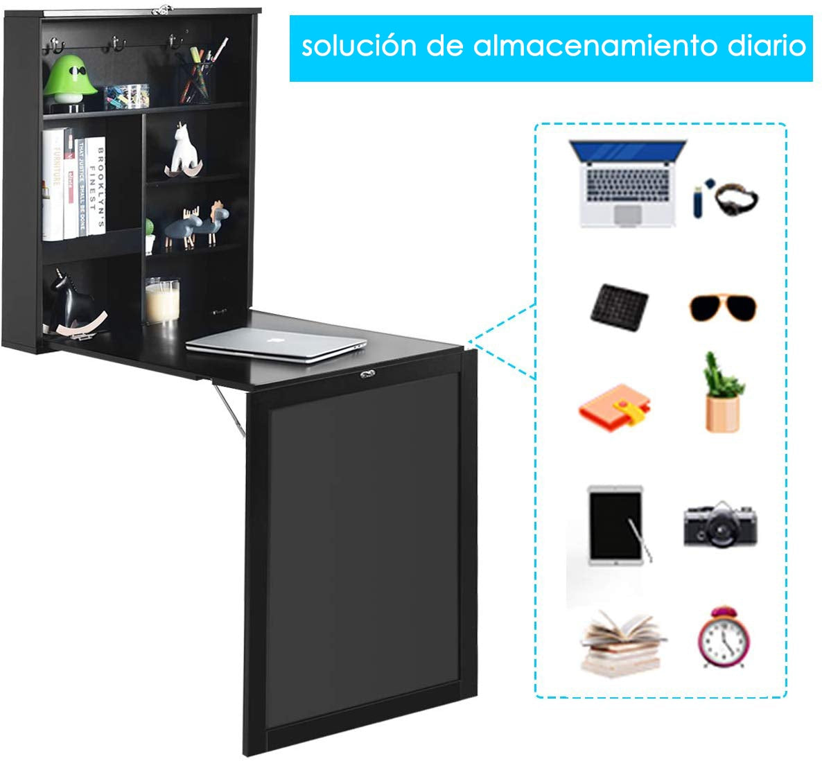 Mesa Abatible Pared, Escritorio Plegable Pared Escritorio Abatible, Escritorio Pequeño, Mesa Estudio, Negro, Costway, 8