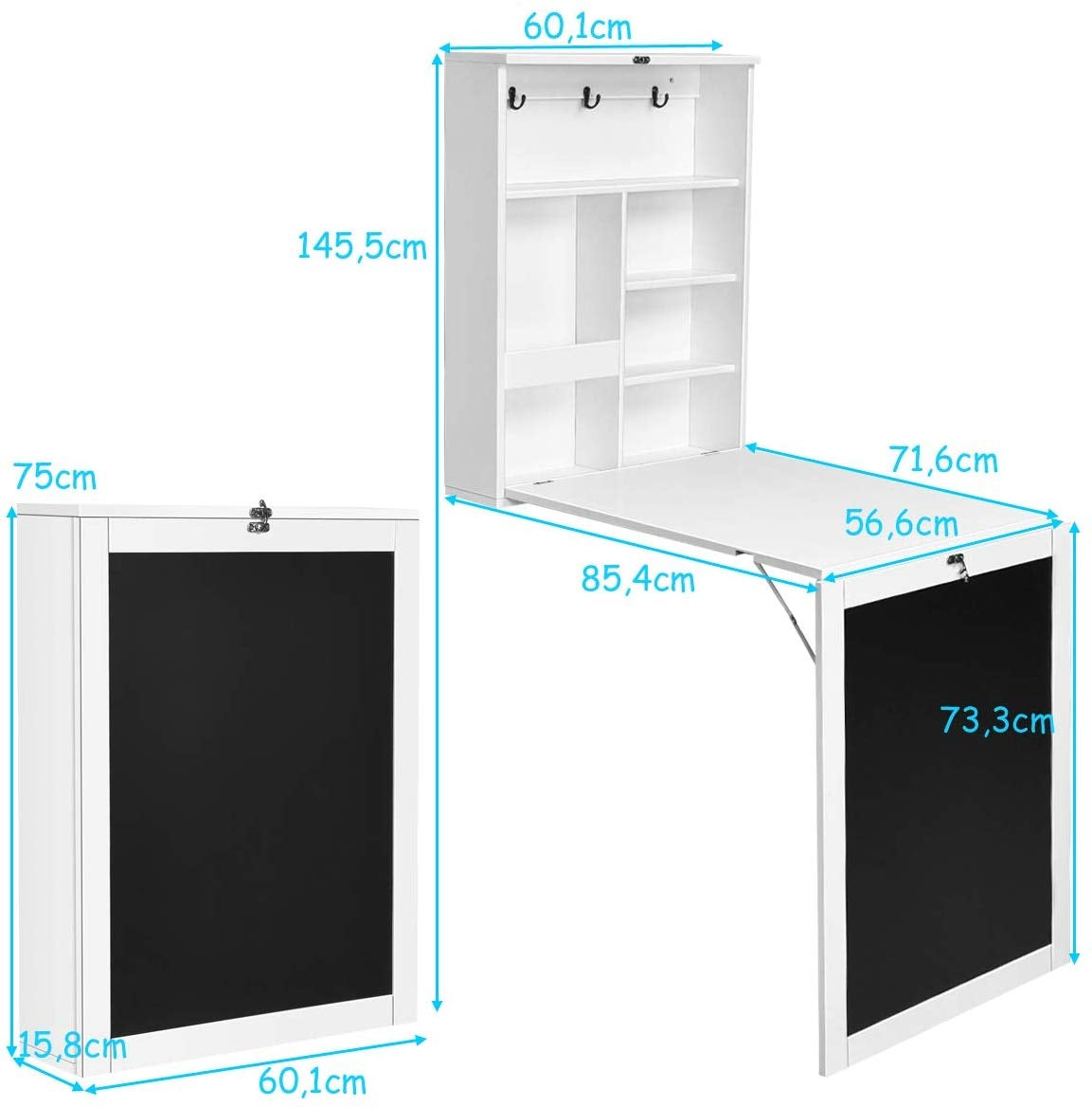 Mesa Abatible Pared, Escritorio Plegable Pared Escritorio Abatible, Escritorio Pequeño, Mesa Estudio, Blanco, Costway, 3