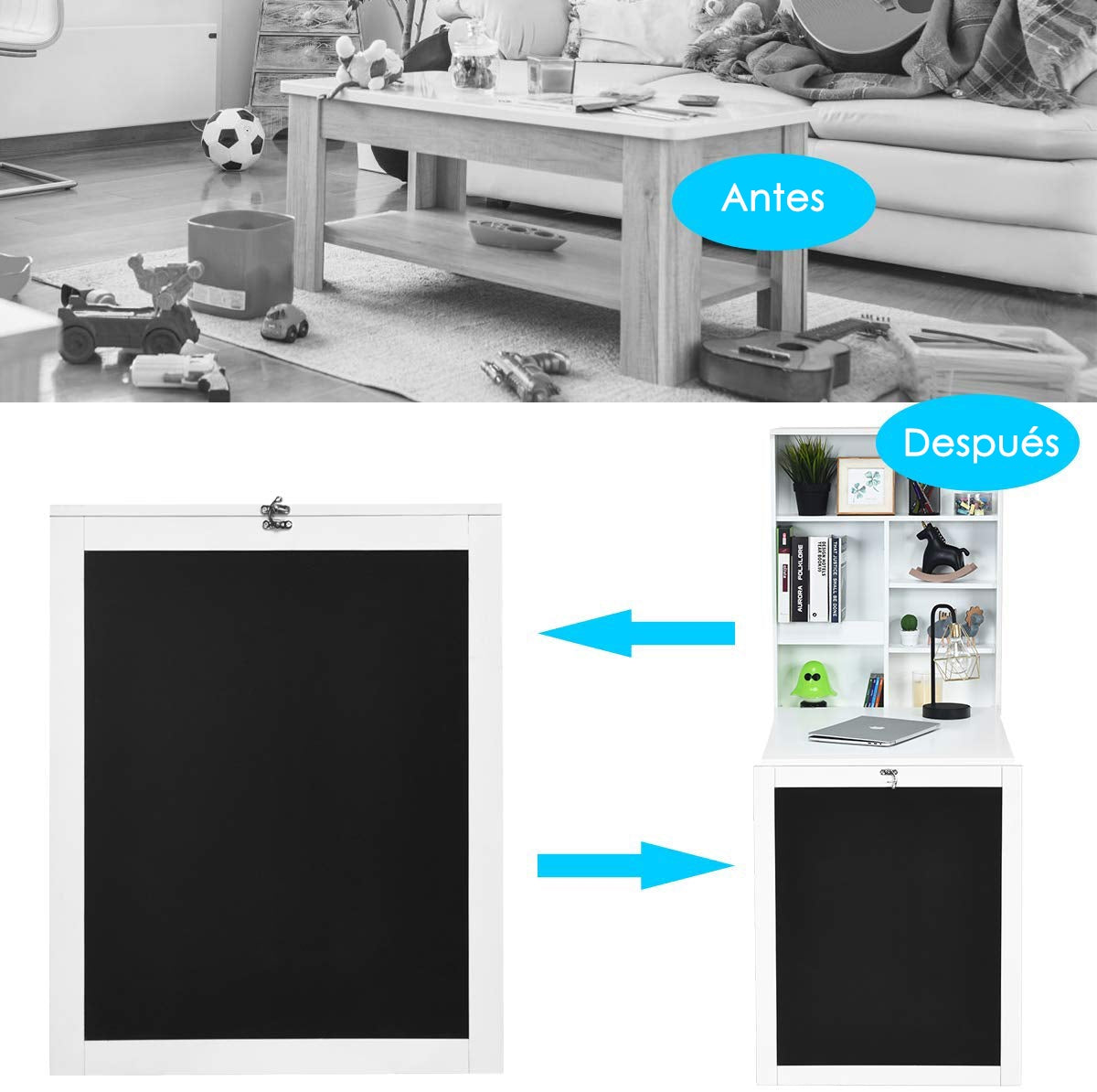 Mesa Abatible Pared, Escritorio Plegable Pared Escritorio Abatible, Escritorio Pequeño, Mesa Estudio, Blanco, Costway, 6