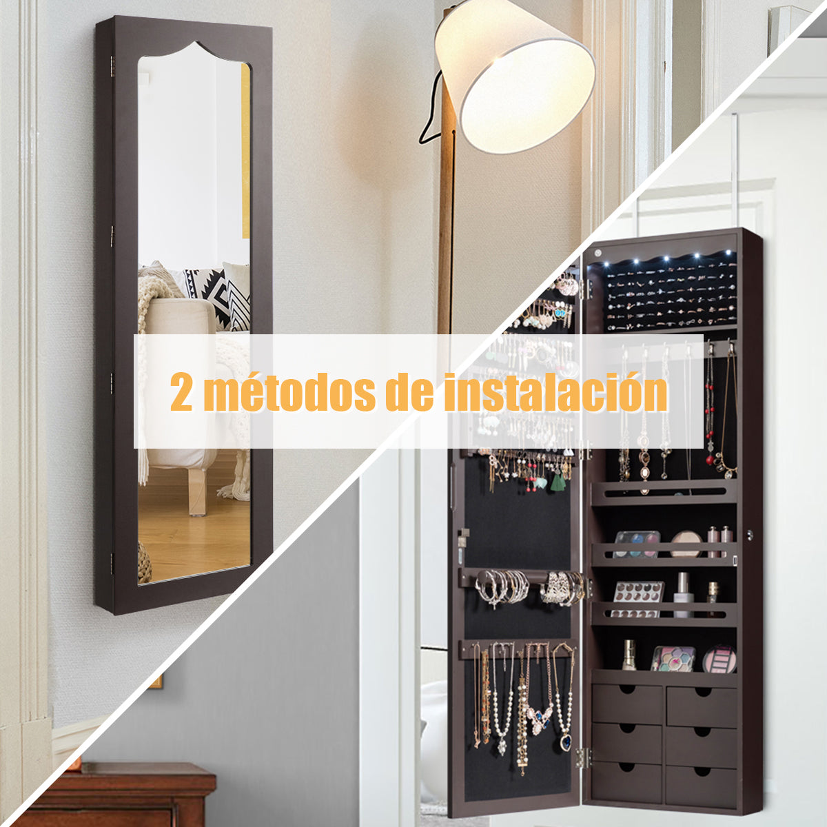 Espejo Joyero, Armario Joyero, Espejos grandes de pared, Iluminación LED, Cerradura, Marrón, Costway, 7