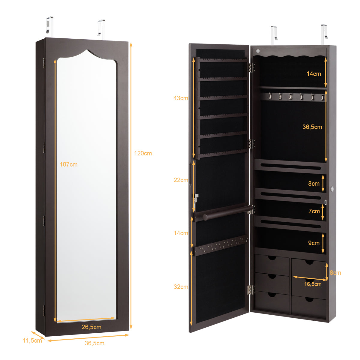 Espejo Joyero, Armario Joyero, Espejos grandes de pared, Iluminación LED, Cerradura, Marrón, Costway, 3