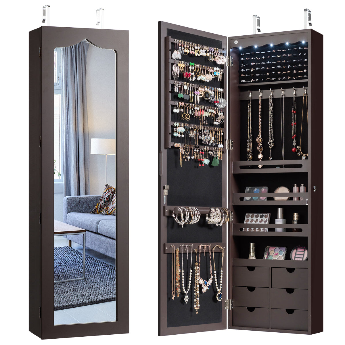 Espejo Joyero, Armario Joyero, Espejos grandes de pared, Iluminación LED, Cerradura, Marrón, Costway, 1