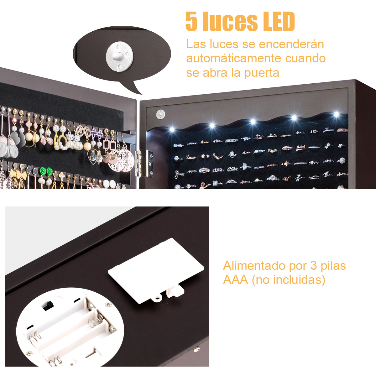Espejo Joyero, Armario Joyero, Espejos grandes de pared, Iluminación LED, Cerradura, Marrón, Costway, 8