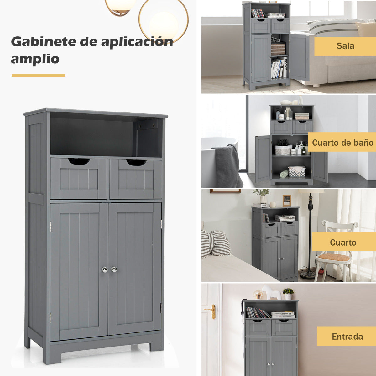 Aparador comedor, Aparador recibidor, con una Repisa Abierta 2 Puertas y 2 Cajones, Gris, Costway, 8