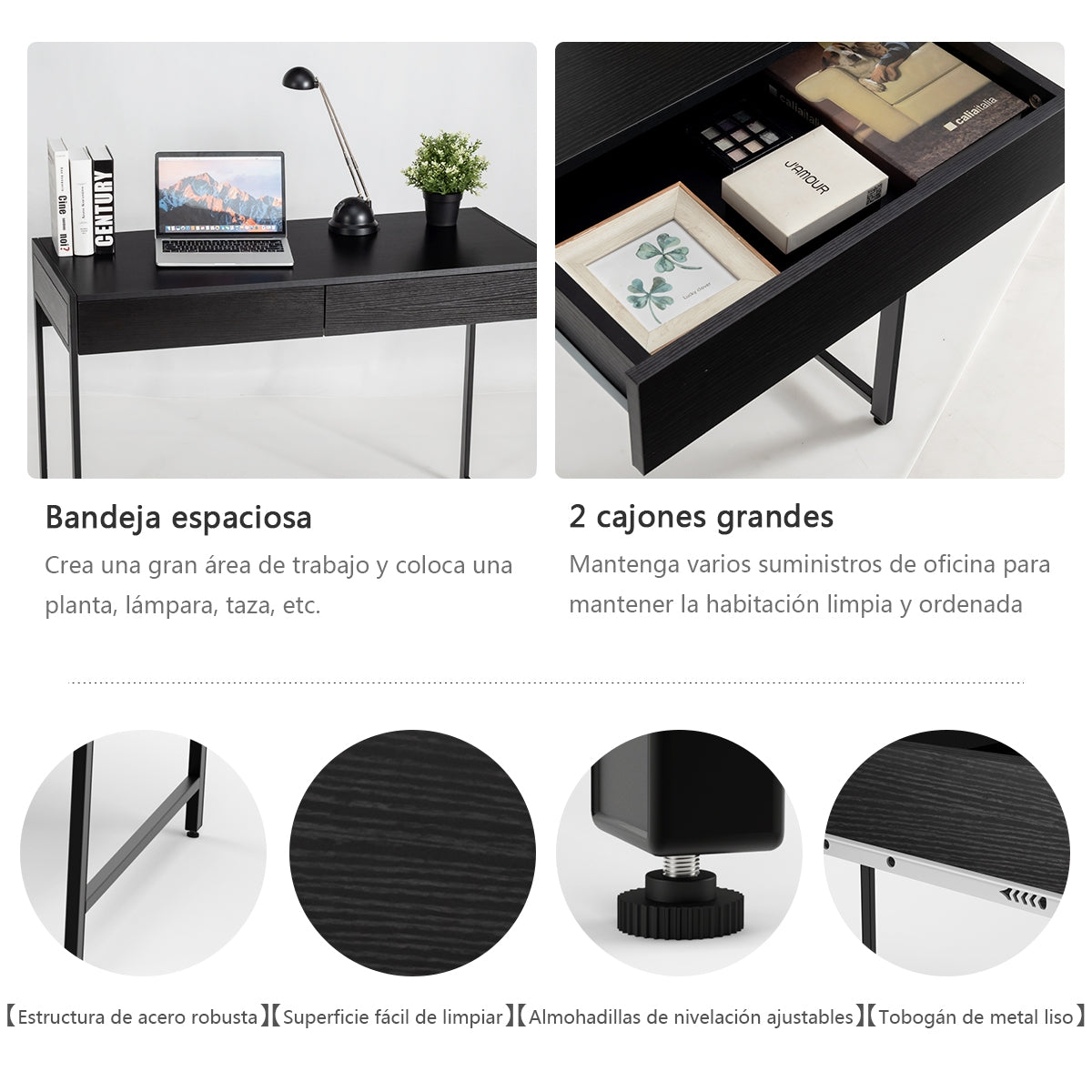 Mesa Escritorio, Escritorio con Cajones, Mesa de Oficina, Escritorio Ordenador, Mesa de Madera con 2 Cajones, Negro, Costway, 8