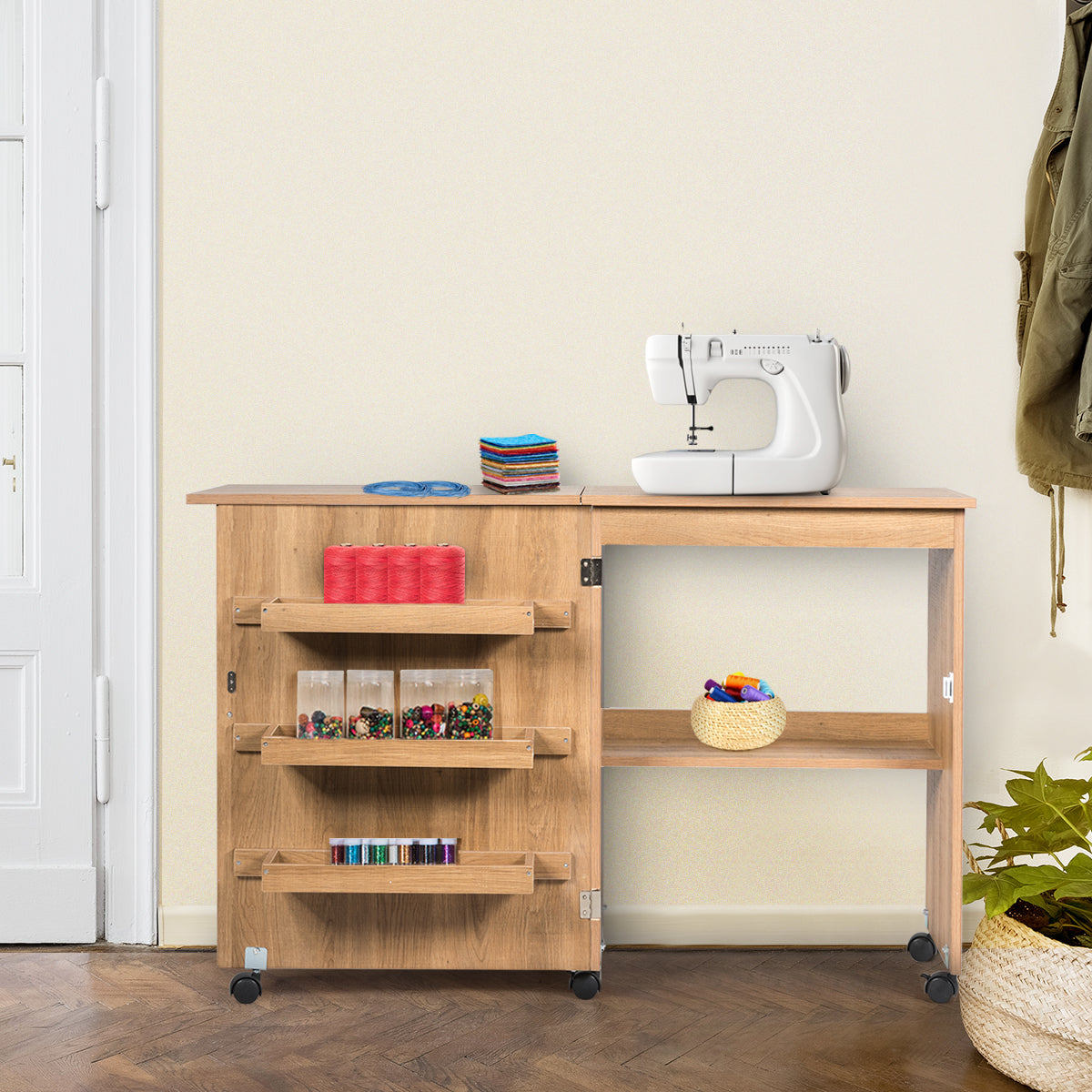 Mesa Escritorio Plegable, Escritorio Pequeño, Mesa Escritorio, Mesa Estudio, para Coser, con Ruedas, Natural, Costway, 4