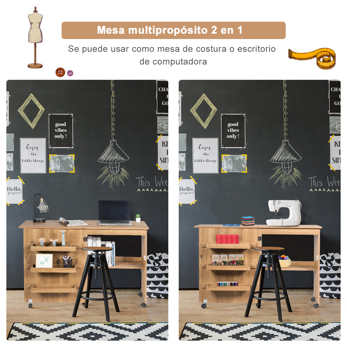 Mesa Escritorio Plegable, Escritorio Pequeño, Mesa Escritorio, Mesa Estudio, para Coser, con Ruedas, Natural, Costway, 7