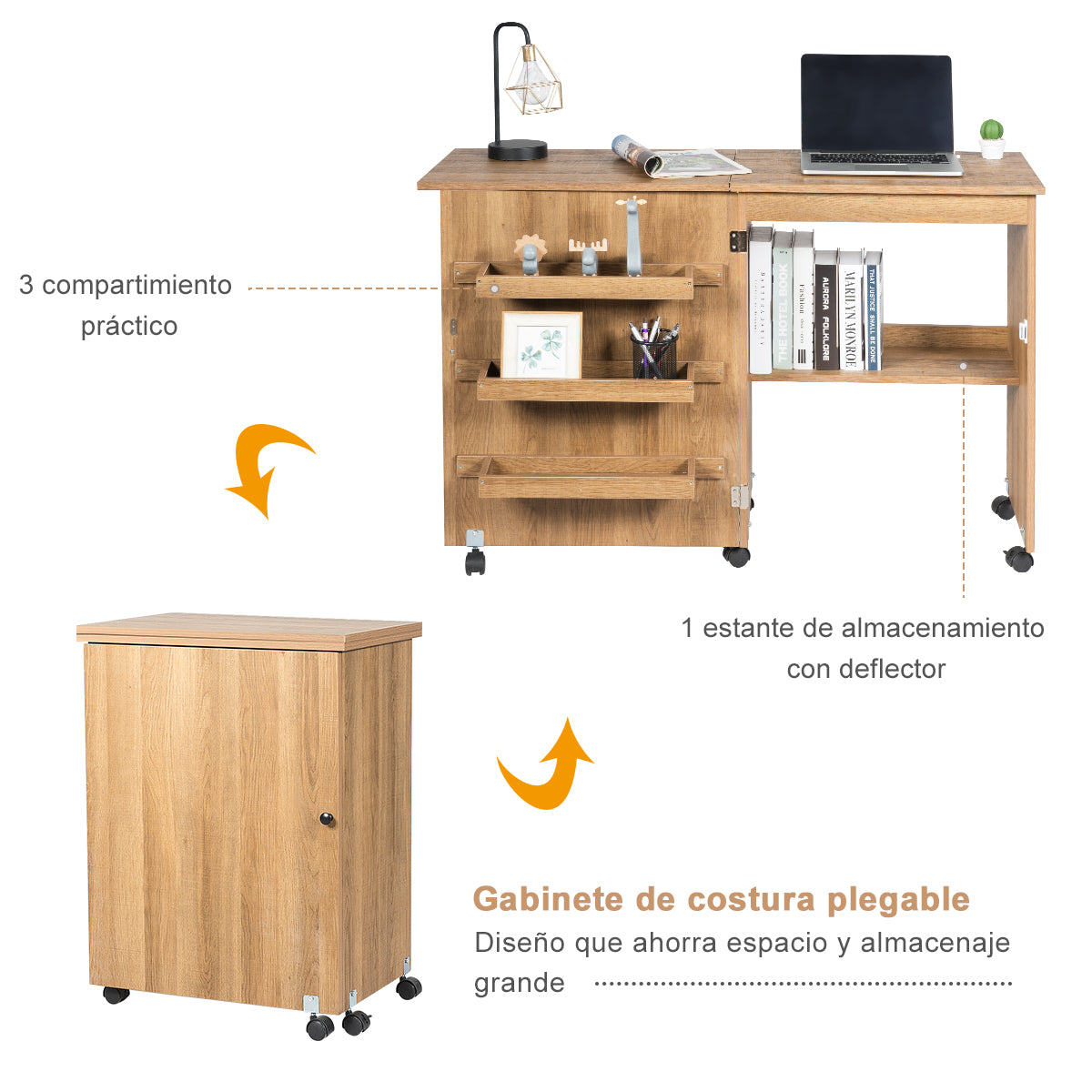 Mesa Escritorio Plegable, Escritorio Pequeño, Mesa Escritorio, Mesa Estudio, para Coser, con Ruedas, Natural, Costway, 8