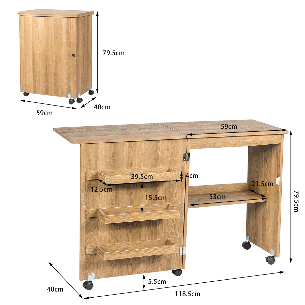 Mesa Escritorio Plegable, Escritorio Pequeño, Mesa Escritorio, Mesa Estudio, para Coser, con Ruedas, Natural, Costway, 3