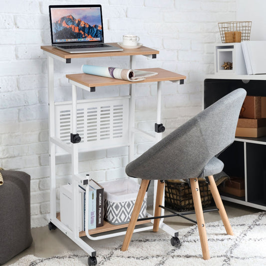 Escritorio Pequeño, Escritorio con Ruedas, Mesa Regulable en Altura, 2 en 1 con Bandeja para Teclado, Escritorio Ordenador, Costway, 2