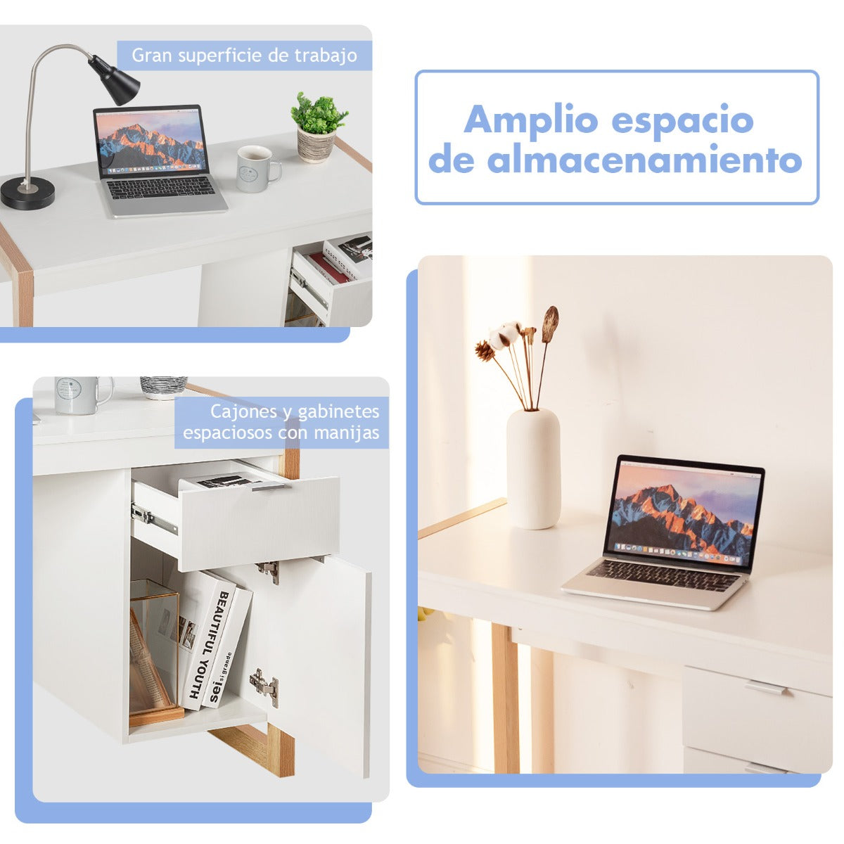 Mesa Escritorio, Mesa Ordenador, Escritorio con Cajones, Escritorio Ordenador, Blanco, Costway, 7