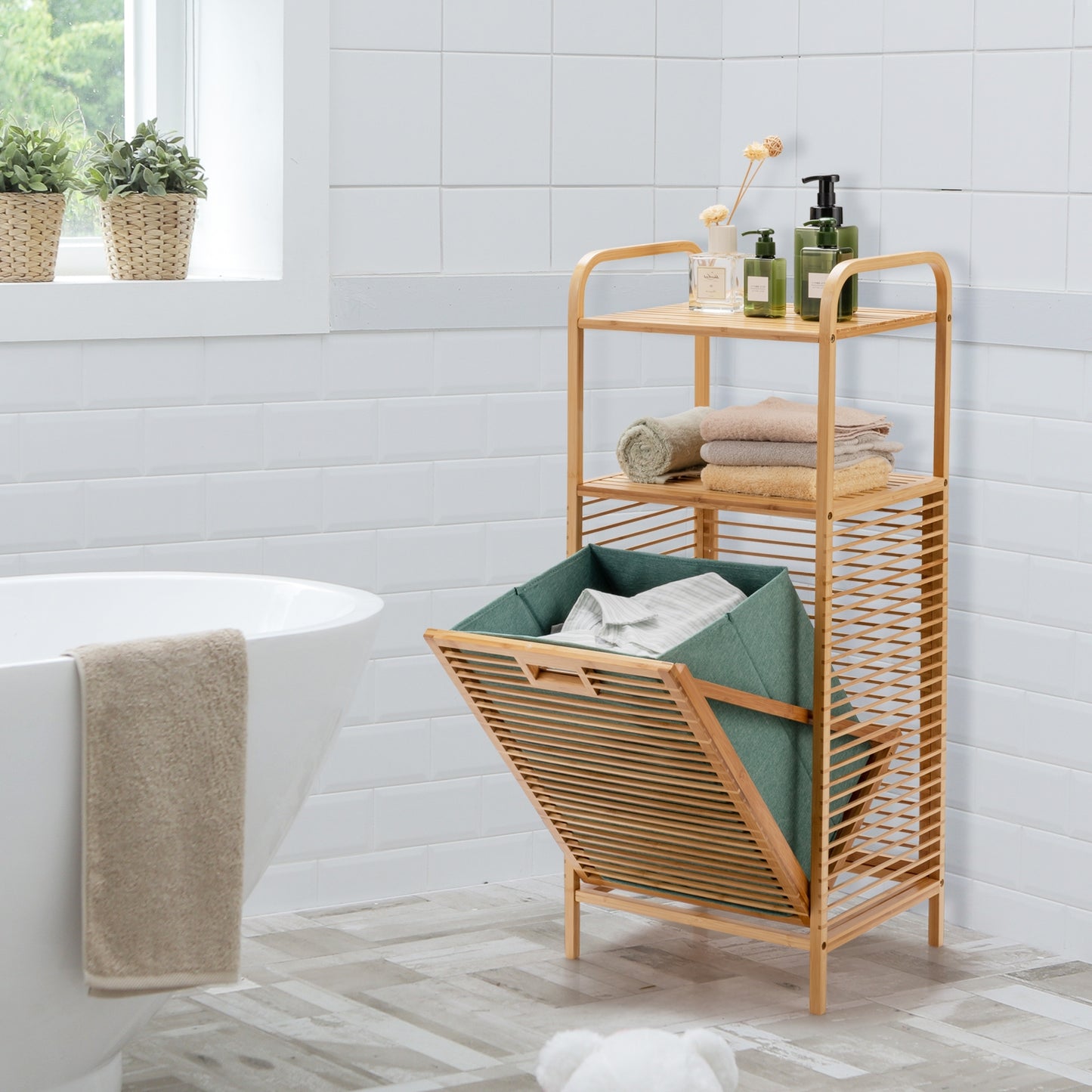 Estanteria Baño, Mueble ropa Sucia, Estante Baño, Armario Baño, Cesto ropa Sucia, Estante de Bambú, Natural, Costway, 2