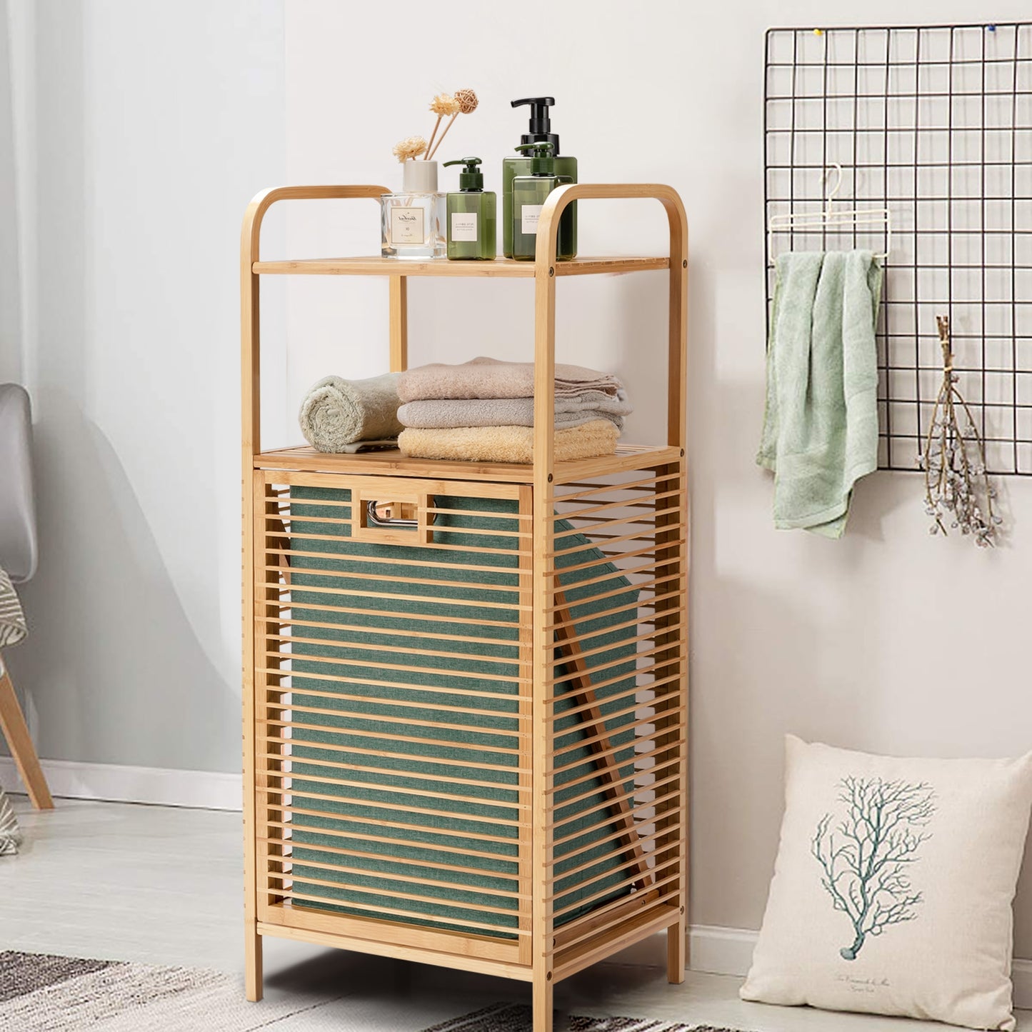 Estanteria Baño, Mueble ropa Sucia, Estante Baño, Armario Baño, Cesto ropa Sucia, Estante de Bambú, Natural, Costway, 5