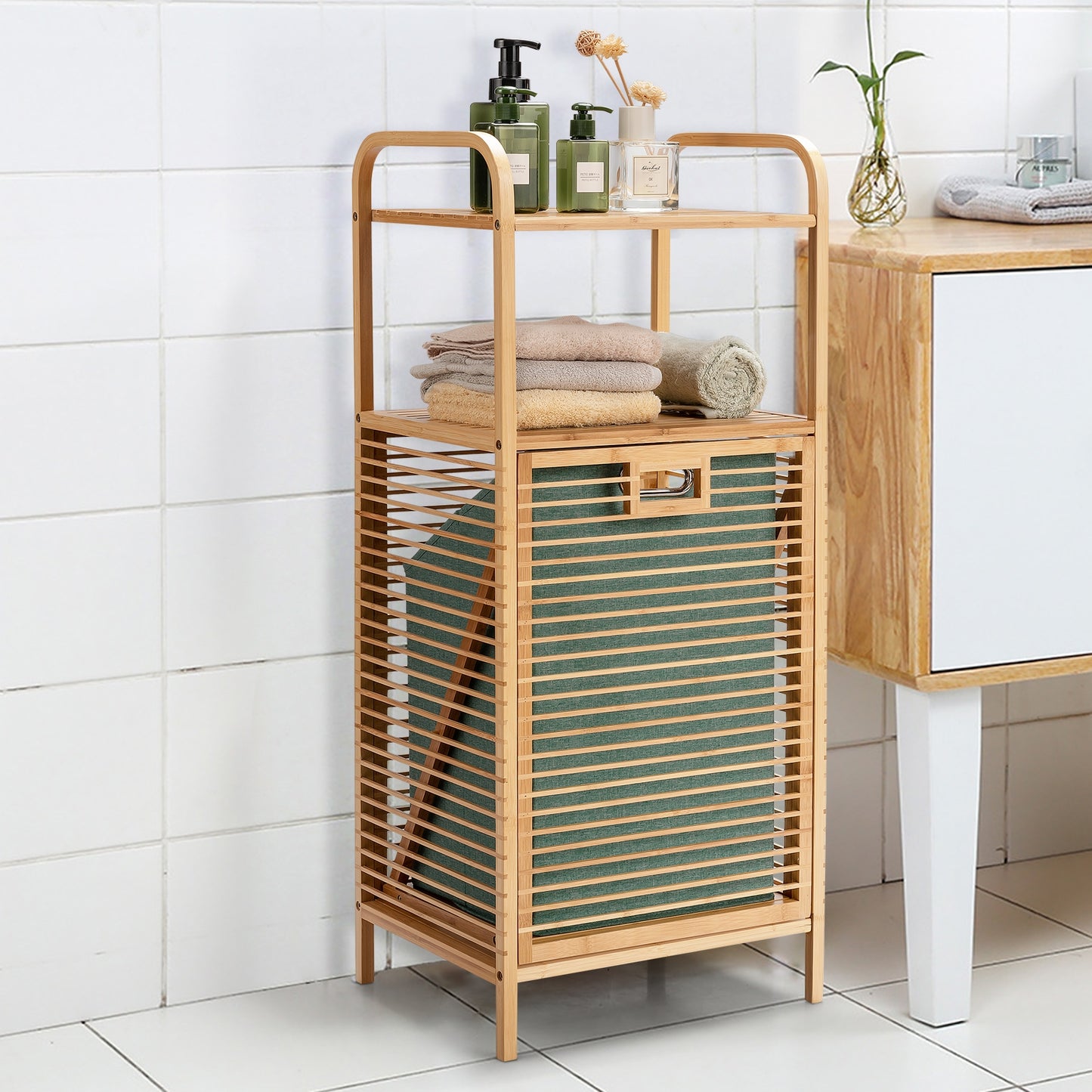 Estanteria Baño, Mueble ropa Sucia, Estante Baño, Armario Baño, Cesto ropa Sucia, Estante de Bambú, Natural, Costway, 4
