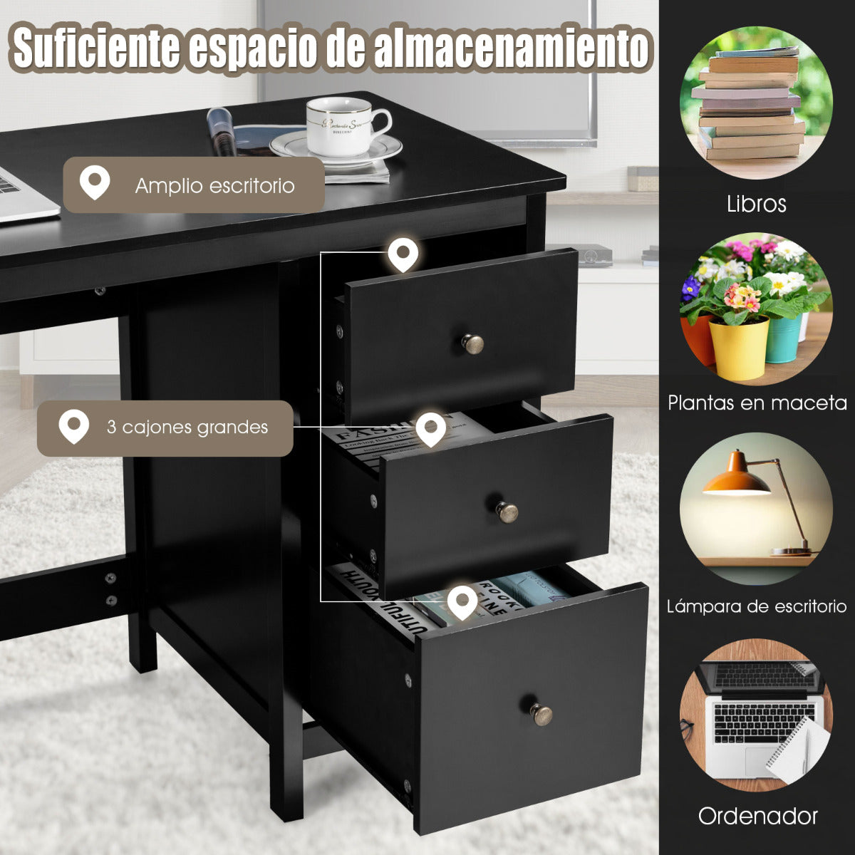 Mesa Escritorio, Escritorio con Cajones, Mesa de Oficina, Mesa Estudio, con 3 Cajones, Mesa Ordenador, Negro, Costway, 8