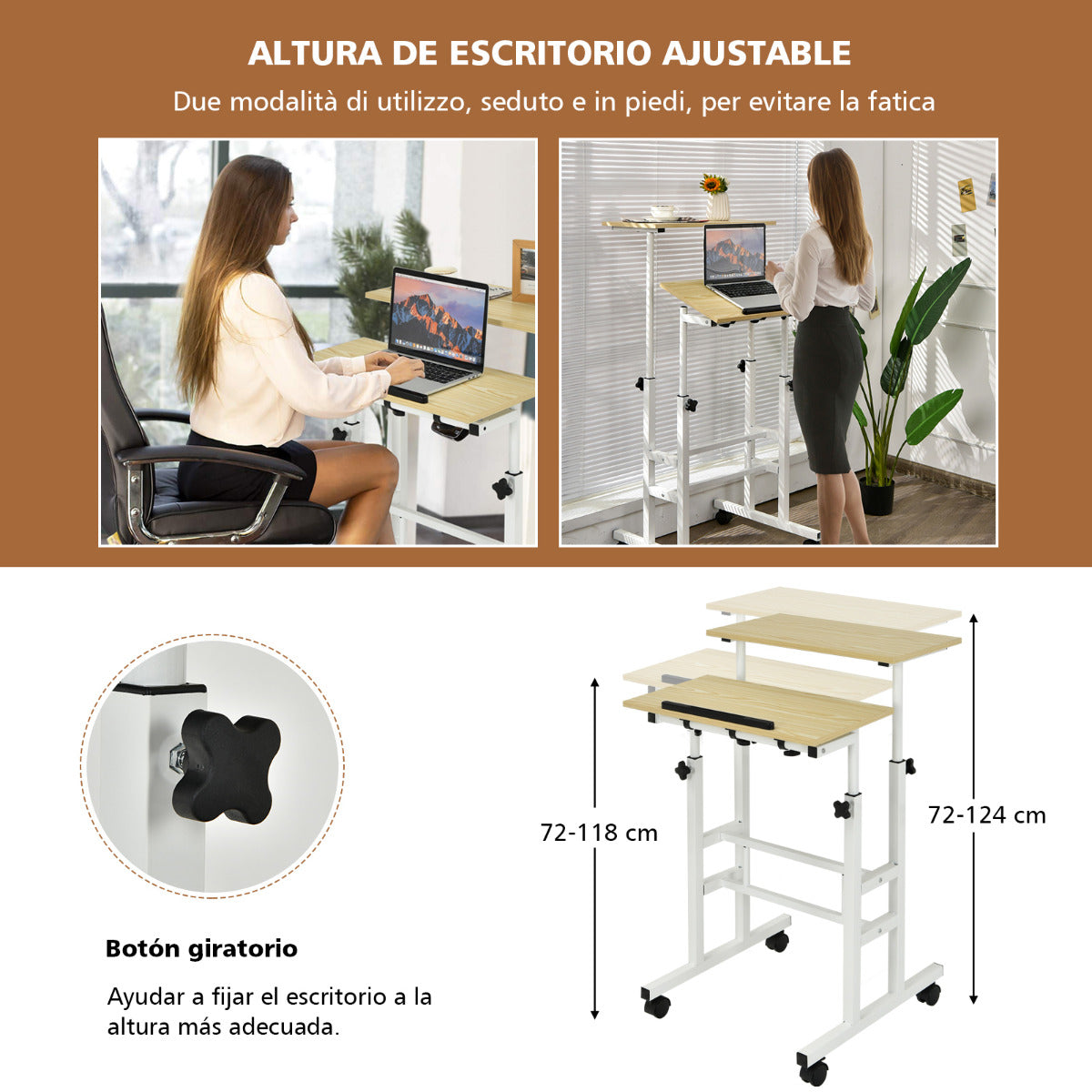 Escritorio Pequeño, Mesa Regulable en Altura, Mesa Escritorio, Escritorio con Ruedas, Natural Blanco, Costway, 8