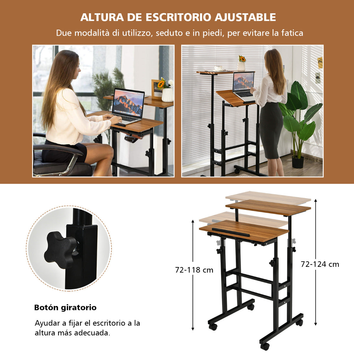 Escritorio Pequeño, Mesa Regulable en Altura, Mesa Escritorio, Escritorio con Ruedas, Nuez Negro, Costway, 8
